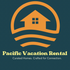 Logo of Pacific Vacation Rental with a house and waves on a dark green background