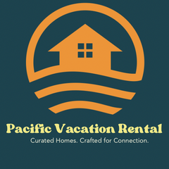 Logo of Pacific Vacation Rental with a house and waves on a dark green background